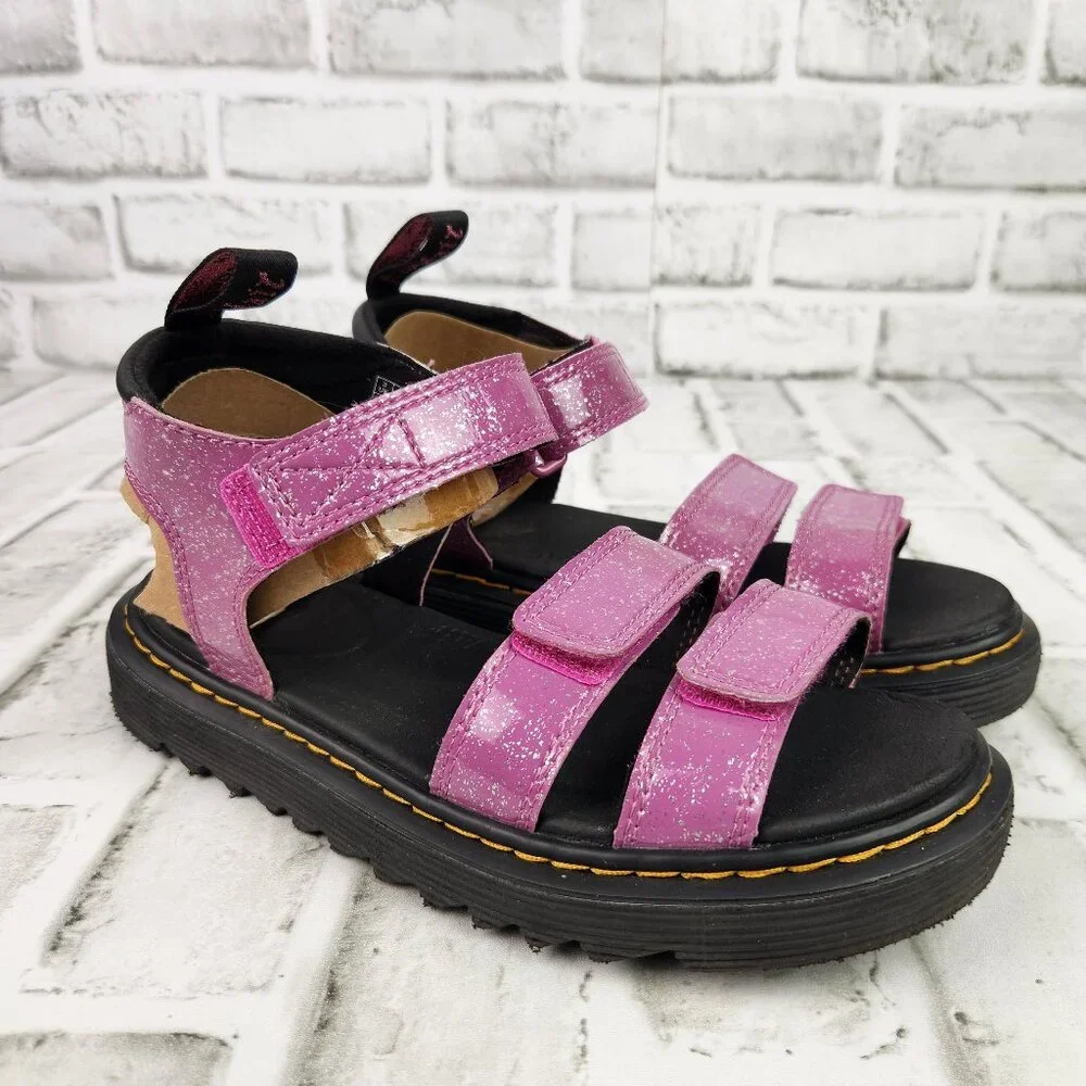 Dr Martens Klaire Junior Sz 5 Hot Pink Glitter Casual Comfort Strappy Hook Loop
